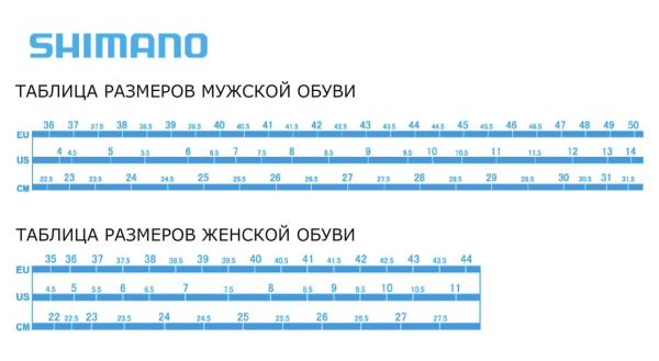 Размерная сетка обуви Shimano
